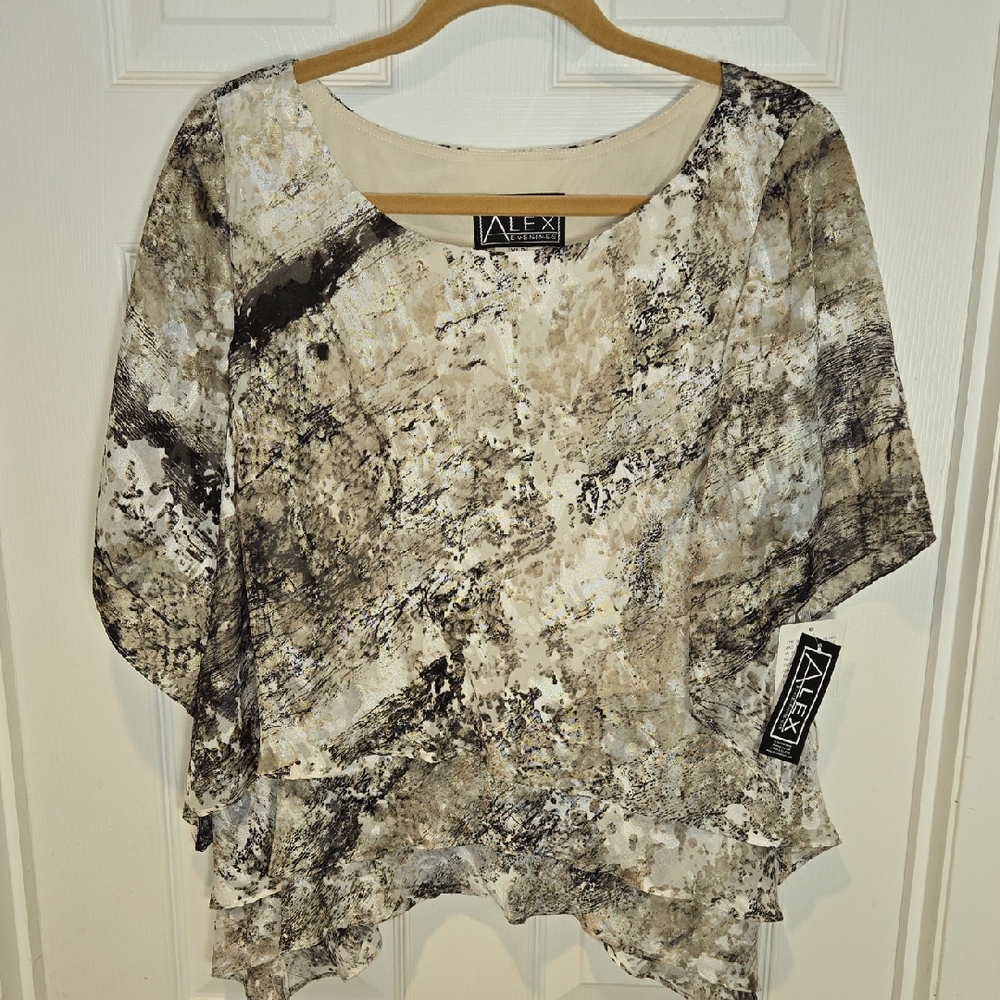 (NEW) Alex Evenings Petites Artistic Print Blouse - Black and Cream Size XLP